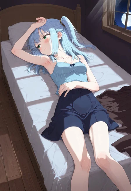 great quality,1girl,solo,, (almic:0.9),(ogipote,akakura:0.8),(sincos,karyln,momisan :0.8),(dark night room:1.2),,fantasy bedroom, indoors, wooden floor,window,light blue hair,long hair,one side up,small breasts,collarbone,blue cami,lying on back,lying on bed,dark blue skirt,bare feet,legs,looking away,from side,tired, sad,,feet out of frame,removed dark brown clothes on bed,removed cape,night,dark roomwhite sheets,,lump,moon light,light rays,hand up,hand on head,armpit,start (sky), shadow,