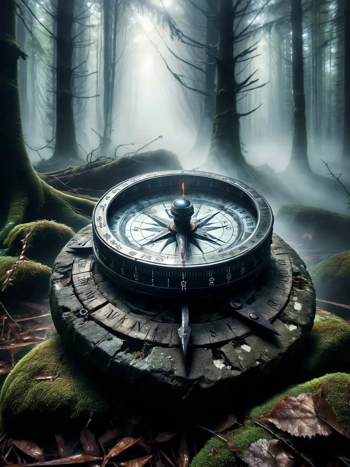 A weathered, old ais-crsd compass, its needle spinning erratically, lying abandoned on a rock in a dark, misty forest. <lora:ais-crsd-sdxl:1>