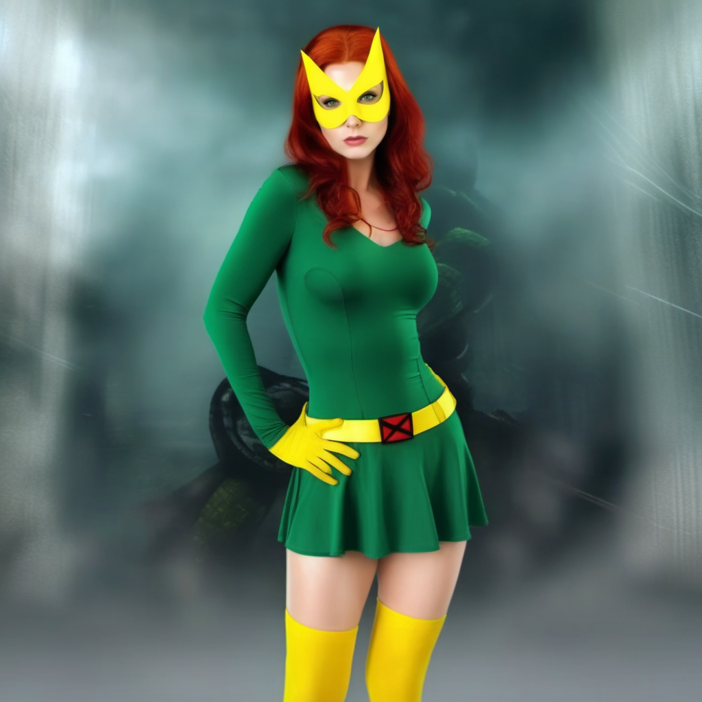 HDR photo of a full body redhead woman wears a green dress and a yellow mask and stockings,  powerfull superhero, sexy poses  <lora:MarvelGirl1024:0.8> . High dynamic range, vivid, rich details, clear shadows and highlights, realistic, intense, enhanced contrast, highly detailed