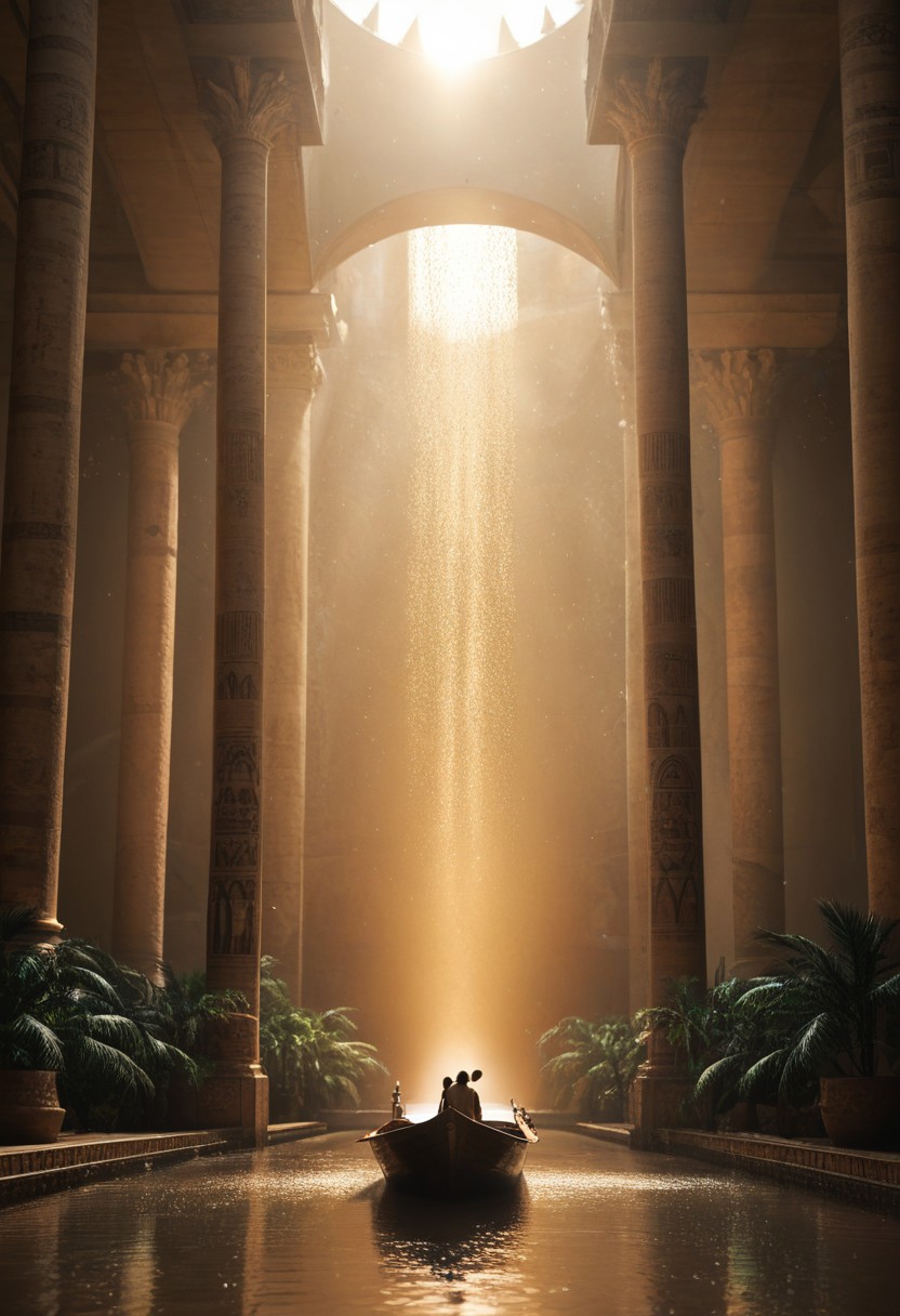 score_9, score_8_up, score_7_up, score_6_up, (Solo), (1girl), "A stunning Ancient Egyptian goddess standing in a grand temple with towering pillars adorned with hieroglyphs. She has radiant golden skin, piercing emerald-green eyes, and wears an elaborate headdress featuring a sun disk and cobra. Dressed in a flowing white linen dress with gold and turquoise jewelry, including an ornate broad collar and arm cuffs. She holds an ankh in one hand and a scepter in the other, radiating divine energy. Behind her, torches flicker, casting a mystical glow on the hieroglyph-covered walls. The atmosphere is ethereal, with golden dust particles floating in the air, hinting at her divine presence. Style: hyper-realistic, cinematic lighting, ultra-detailed, 8K resolution."
Behind her, the breathtaking landscape of Ancient Egypt unfolds—the majestic Nile River shimmering under the golden sunset, with lush green papyrus plants along its banks. In the distance, grand pyramids and towering obelisks rise against the horizon, bathed in warm, golden light. Small wooden boats with Egyptian traders float on the calm waters of the Nile. The atmosphere is ethereal, with golden dust particles floating in the air, hinting at her divine presence.
(masterpiece), (amazing artwork), (painstakingly detailed),