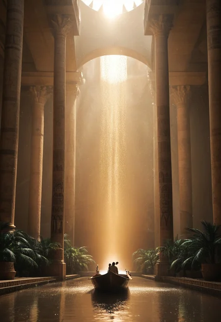 score_9, score_8_up, score_7_up, score_6_up, (Solo), (1girl), "A stunning Ancient Egyptian goddess standing in a grand temple with towering pillars adorned with hieroglyphs. She has radiant golden skin, piercing emerald-green eyes, and wears an elaborate headdress featuring a sun disk and cobra. Dressed in a flowing white linen dress with gold and turquoise jewelry, including an ornate broad collar and arm cuffs. She holds an ankh in one hand and a scepter in the other, radiating divine energy. Behind her, torches flicker, casting a mystical glow on the hieroglyph-covered walls. The atmosphere is ethereal, with golden dust particles floating in the air, hinting at her divine presence. Style: hyper-realistic, cinematic lighting, ultra-detailed, 8K resolution."
Behind her, the breathtaking landscape of Ancient Egypt unfolds—the majestic Nile River shimmering under the golden sunset, with lush green papyrus plants along its banks. In the distance, grand pyramids and towering obelisks rise against the horizon, bathed in warm, golden light. Small wooden boats with Egyptian traders float on the calm waters of the Nile. The atmosphere is ethereal, with golden dust particles floating in the air, hinting at her divine presence.
(masterpiece), (amazing artwork), (painstakingly detailed),