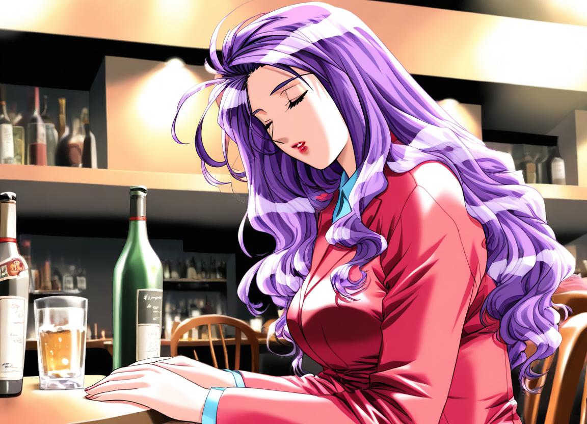 general,highres, ultra-detailed,very aesthetic,best quality ,best hands, BREAK <lora:Katagiri_Mirei_Doukyuusei2_IS:1>
Katagiri_Mirei(Doukyuusei2), 1girl, solo, purple hair, long hair, red lipstick, closed eyes, large breasts,
sleeping, closed eyes, bottle, alcohol, long sleeves, parted lips, cup, drinking glass, 
sitting, chair, indoors, upper body, jacket, bar,