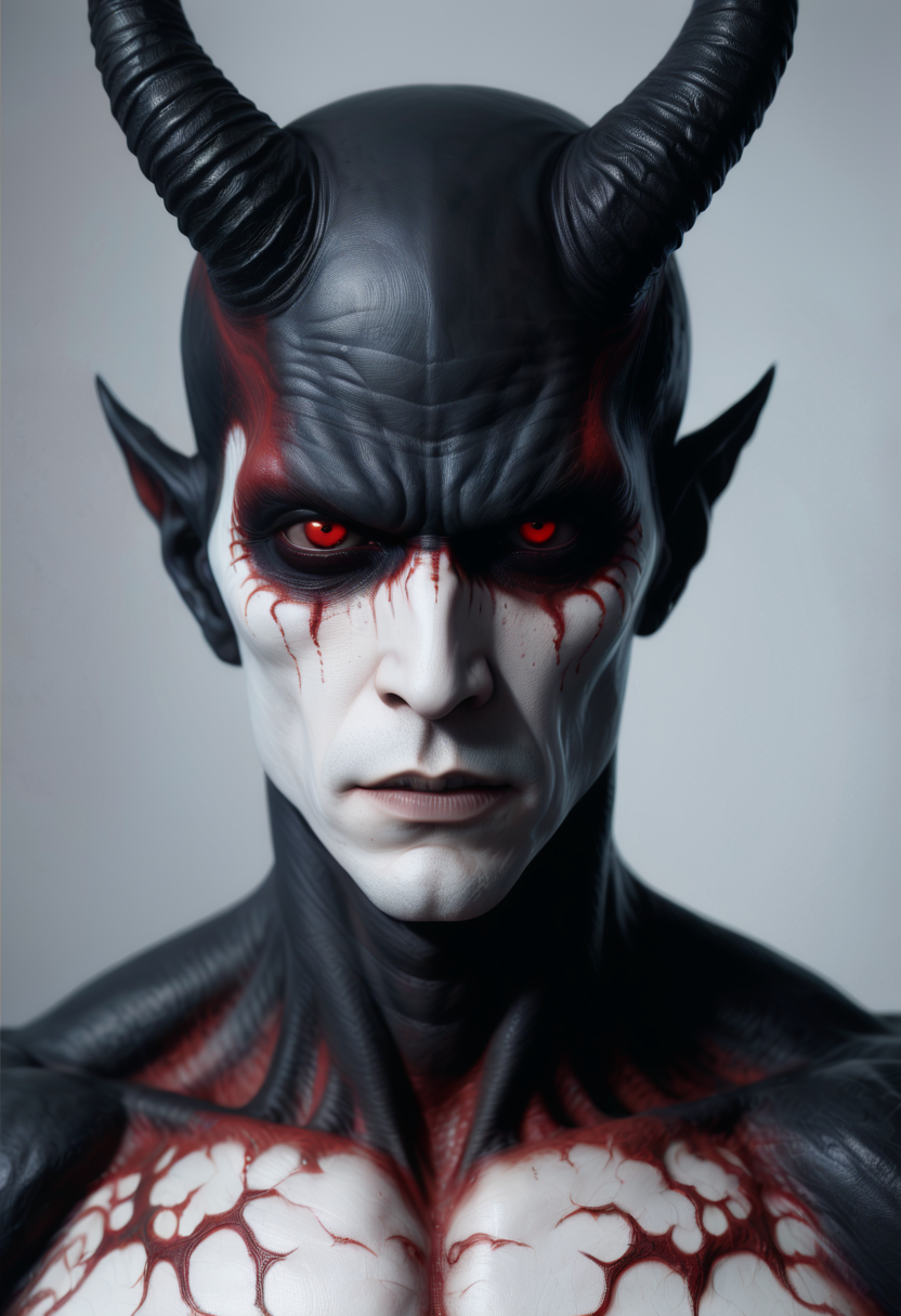 a scary man with black demon eyes stares at the viewer, bright white and dark red background, photo realistic, 4k  