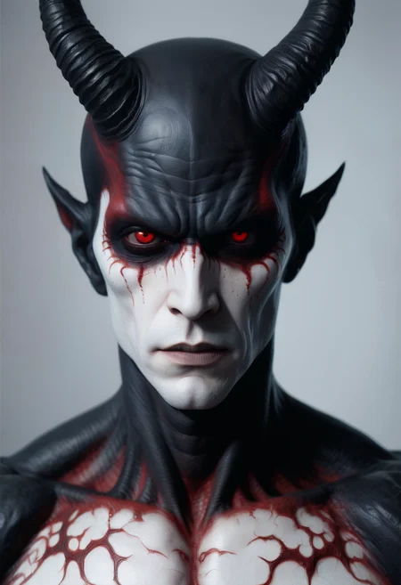 a scary man with black demon eyes stares at the viewer, bright white and dark red background, photo realistic, 4k  