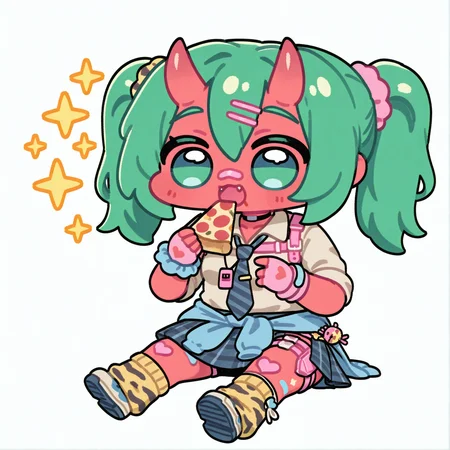 (chibi, solo, smol, small:1.7), (eating, pizza, open mouth, sparkles, sitting, surprised, :o, fangs, teeth:1.3), (drawing, flat shading, simple background, white background:1.4), fortnite_nemia, 1girl, solo, green hair, twintails, ponytail, long hair, bangs, hair between eyes, hair over one eye, ears, horns, oni horns, single horn, red skin, pink skin, blue eyes, parted lips, bandaid, bandaid on nose, bandaid on thighs, smile, breasts, shirt, school uniform, necktie, plaid skirt, thighhighs, socks, loose socks, boots, jewelry, earrings, bracelet, charm, belt, gloves, fingerless gloves, knee pads, leg warmers, collarbone, solo, colored skin, hair ornament, hairclip, scrunchie, holster, striped necktie, clothes around waist, oni, plaid, charm (object), blue necktie, sweater around waist, animal print, heart, shoes, star (symbol), thigh holster, <lora:Fortnite_Nemia_Demonically_Cute_Set_ILXL_E41_16_DIM:0.8> <lora:Miratsu169_Style_il_v1.0:1.2>, <lora:dmd2_sdxl_4step_lora:1>