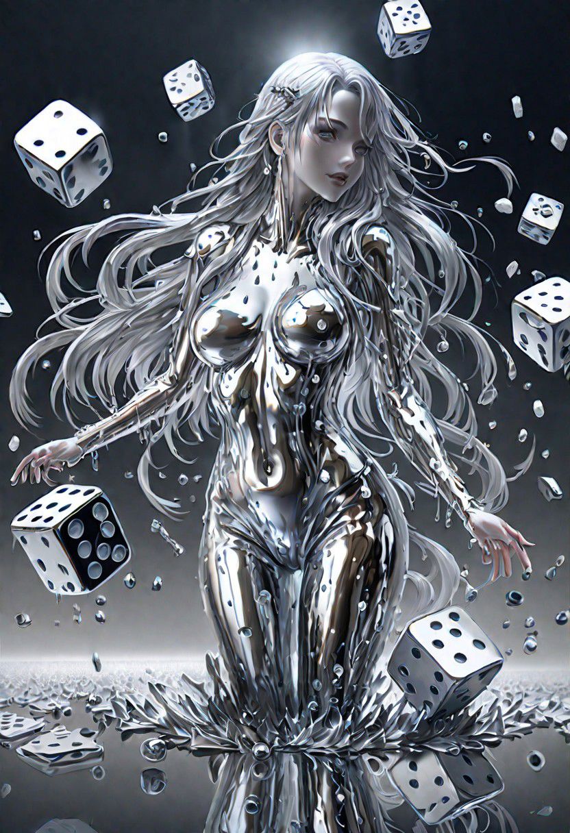 (masterpiece,best quality,ultra-detailed,best illustration:1.3), 1woman,  its raining dice, 1000s of white dice falling from from the clouds, full length metal body, silver liquid metal long hair, casino background,
silver LIQUID METAL