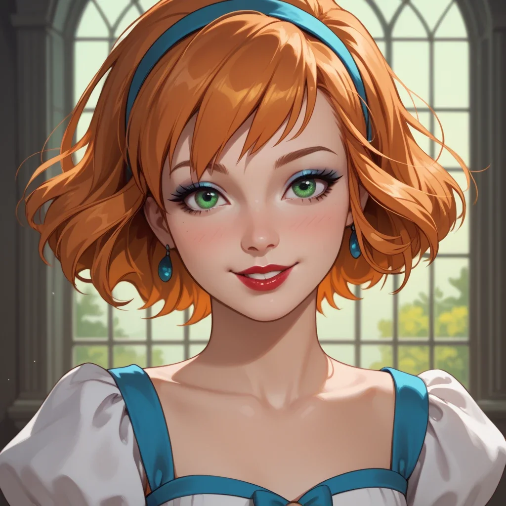 1girl, solo, portrait, centered on the face, looking at the viewer, cecilia, (adult body:1.2), perfect eyes, petite body, small round breasts, orange hair, short hair, green eyes, makeup, eyeliner, eyeshadow, lipstick, shy smile, dress, hairband