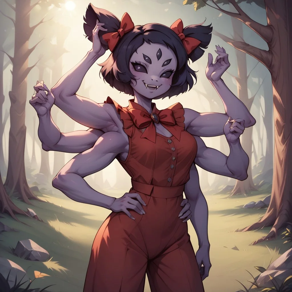 score_9, score_8, BREAK, muffet (undertale), best quality, solo, anthro, ((six arms)), lavender skin, five eyes, twin pigtails, white fangs, red ribbons, red rompers with buttons, long black boots, sexy pose, self portrait, smile, outdoors, sunlight, shadows, evening lighting, natural lighting, forest, trees, grass, orange sky, sunset