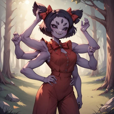 score_9, score_8, BREAK, muffet (undertale), best quality, solo, anthro, ((six arms)), lavender skin, five eyes, twin pigtails, white fangs, red ribbons, red rompers with buttons, long black boots, sexy pose, self portrait, smile, outdoors, sunlight, shadows, evening lighting, natural lighting, forest, trees, grass, orange sky, sunset