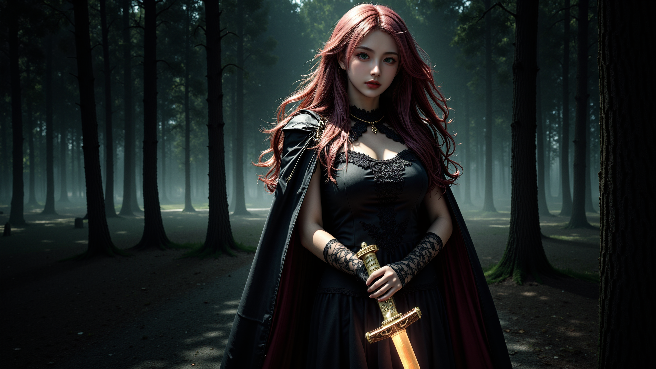 a young woman wearing a necklace,with long,wavy red hair,fair skin,and large,expressive green eyes. She stands in a dark,misty forest,holding a red and gold katana. She wears a black lace dress with a deep neckline,and a black cape draped over her shoulders. The background features tall,shadowy trees and soft,ethereal light filtering through the foliage. The atmosphere is mysterious and enchanting.,<lora:yuukananri-base-02-flux:0.8>,yuukananri,she has a slender physique and a petite build,