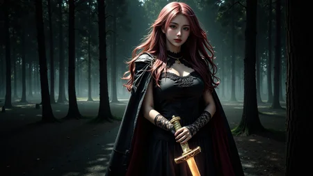 a young woman wearing a necklace,with long,wavy red hair,fair skin,and large,expressive green eyes. She stands in a dark,misty forest,holding a red and gold katana. She wears a black lace dress with a deep neckline,and a black cape draped over her shoulders. The background features tall,shadowy trees and soft,ethereal light filtering through the foliage. The atmosphere is mysterious and enchanting.,<lora:yuukananri-base-02-flux:0.8>,yuukananri,she has a slender physique and a petite build,