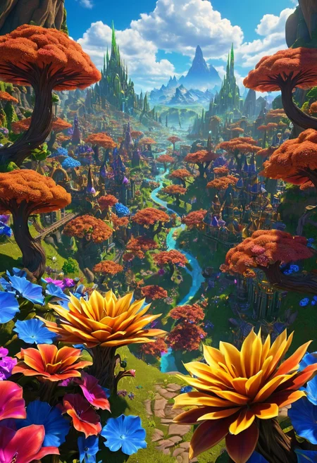 (masterpiece:1.5), unreal 8k wallpaper, unity 8k wallpaper, score 9, score 8 up, score 7 up, masterpiece_portrait, extreme quality, reflection, surface reflection, dynamic lighting, Cinematic style, cinematic quality, ((no humans, no people)), photorealistic, realistic, a spectrum of iridescent colors, precise, fractal design, flowing curves, precision, colorful, fractal geometry, harmonic interference, digital illustration, photo manipulation, altered realities, fantastical scenes, digital artistry, striking visuals, sharp focus, detailed background, light reflection, mythic, fantasy, A huge open valley in Warcraft, in the center of the valley is (massive Warcraft City), the (massive Warcraft City) has been here for a very long time, strange alien foliage has started to grow over it, when this (massive Warcraft City) was built no one knows it has long been forgotten, beautiful blue skies majestic clouds, strange alien trees dot the landscape, in the sky you can see a massive moons is all inspiring and a little frightening, the valley is also covered in beautiful multicolored flowers and multicolored trees, no life can be seen anywhere, 3D, metallic reflection, massive Warcraft City, the vast World of Warcraft, close up,