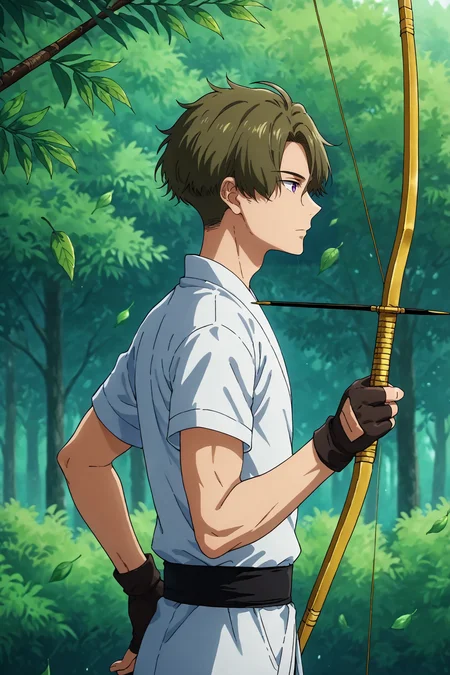 score_9, score_8_up, score_7_up,score_6_up,score_5_up,score_4_up,source_anime,BREAK, rating_safe, intricate details, , anime screencap, anime coloring, official style, depth of field,1boy, solo, male focus, <lora:fujiwara:0.93>,shuu fujiwara,olive green hair,purple eyes,short hair,curtain bangs,shirt, gloves, holding, upper body, weapon, short sleeves, Japanese clothes, holding weapon, profile, leaf, bow (weapon), partially fingerless gloves, arrow (projectile), holding bow, falling leaves, aiming, yugake, holding arrow, drawing bow, archery, kyÅ«dÅ, side view, , , <lora:sdxl_lightning_8step_lora_315544:1>