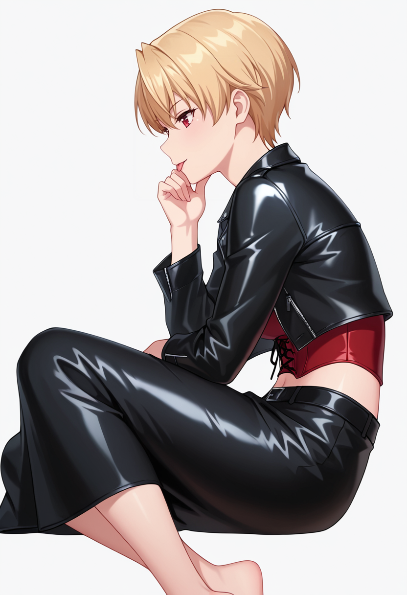 Smooth Quality,masterpiece,very intricate, high quality details, ultra realistic, high detailed skin,detailed enviorement,absurdres,
 <lora:Azuma_Haruki_CNR:0.8> azuma_cnr,blonde hair, short hair, red eyes, midriff, leather jacket,  ,corset top,  ,long skirt, ,, simple background, white background, from side,solo,
lying on stomach, legs bent upward, ankles crossed, arms folded under chin  ,, :p,