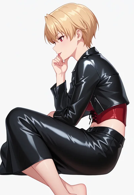 Smooth Quality,masterpiece,very intricate, high quality details, ultra realistic, high detailed skin,detailed enviorement,absurdres,
 <lora:Azuma_Haruki_CNR:0.8> azuma_cnr,blonde hair, short hair, red eyes, midriff, leather jacket,  ,corset top,  ,long skirt, ,, simple background, white background, from side,solo,
lying on stomach, legs bent upward, ankles crossed, arms folded under chin  ,, :p,