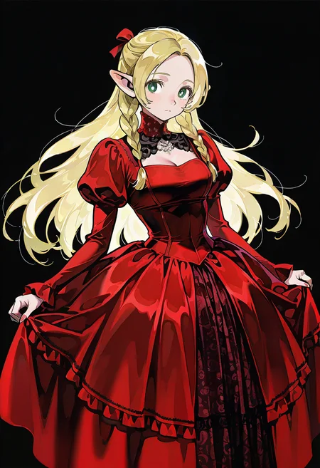 1girl,solo,looking at viewer, ikeda ruriko, gr dress, red dress, long sleeves, bow, ribbon, frills, puffy sleeves, juliet sleeves, marcille_donato