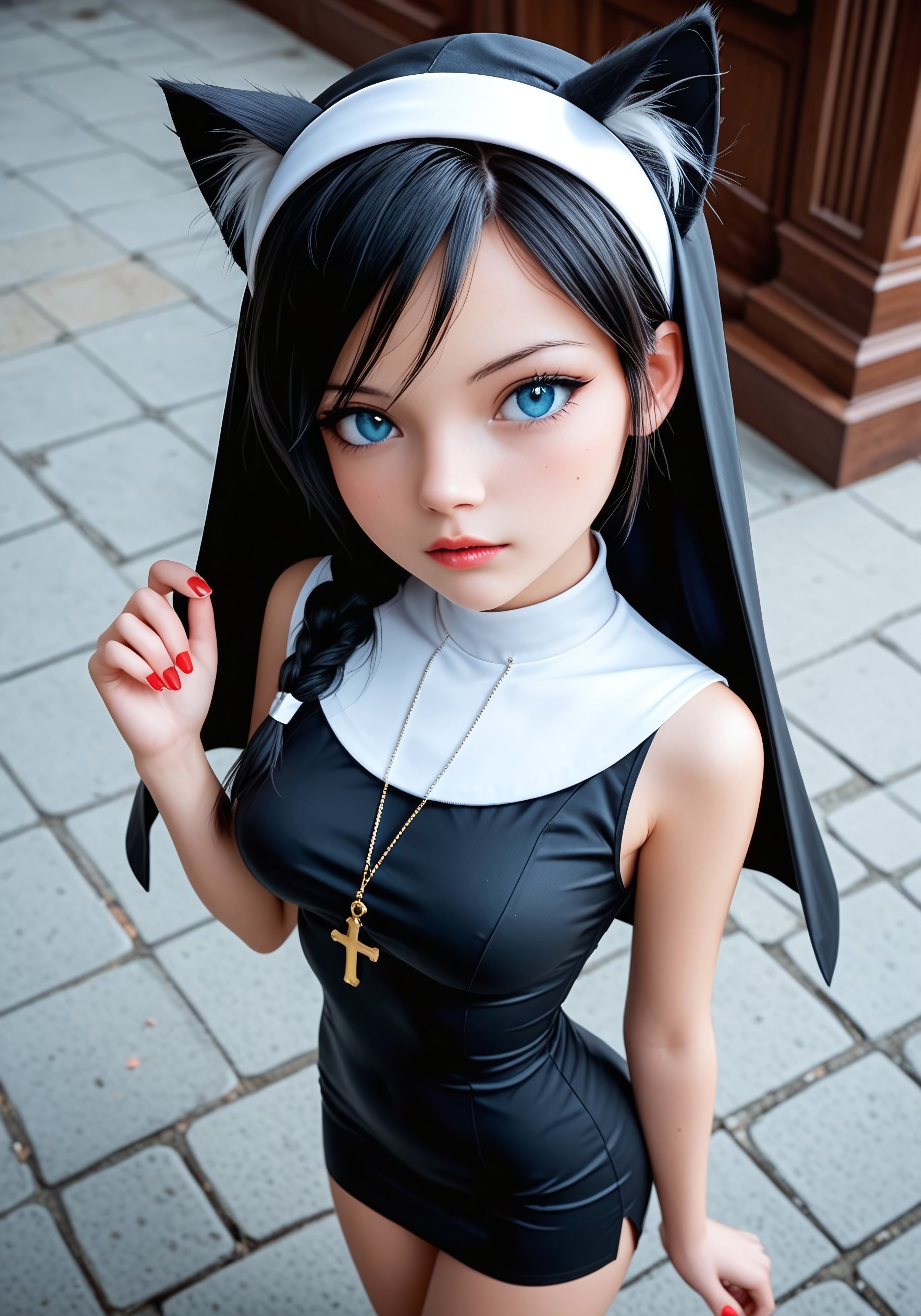 (score_9, score_8_up:1.2), score_7_up, ultra highres,absurdres, (best quality, ultra detailed),8k, Exquisite color design, BREAK
church grounds, nun mini dress, dark black hair, blue eyes, shortstack, detailed face, detailed eyes,medium breasts, looking at viewer,side view, eye level, medium shot, from above, BREAK
lilykat, cat ears, long fake fingernail, red manicure
 <lora:Sinozick_Style_XL_Pony:0.8> <lora:1g0rXLP:0.6> 1g0r <lora:Quality tweaker_last:-2> <lora:SyFyEye1_XL_v1.0:1.8>