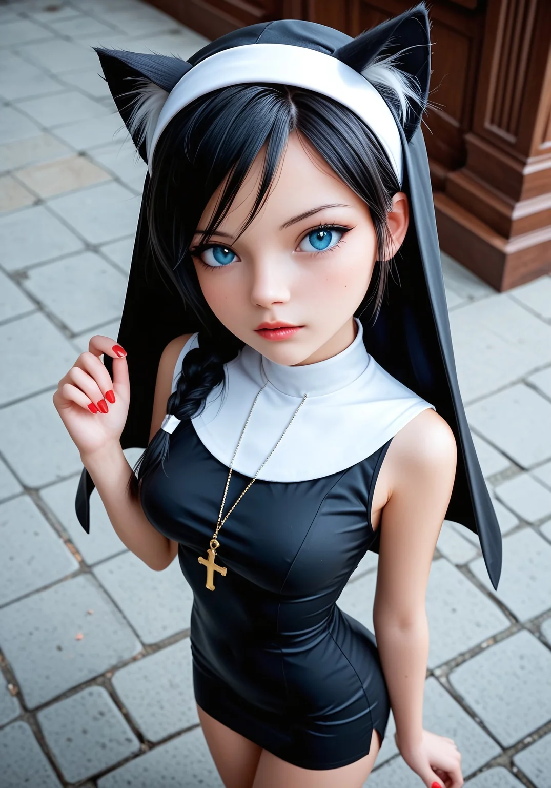(score_9, score_8_up:1.2), score_7_up, ultra highres,absurdres, (best quality, ultra detailed),8k, Exquisite color design, BREAK
church grounds, nun mini dress, dark black hair, blue eyes, shortstack, detailed face, detailed eyes,medium breasts, looking at viewer,side view, eye level, medium shot, from above, BREAK
lilykat, cat ears, long fake fingernail, red manicure
<lora:Sinozick_Style_XL_Pony:0.8> <lora:1g0rXLP:0.6> 1g0r <lora:Quality tweaker_last:-2> <lora:SyFyEye1_XL_v1.0:1.8>