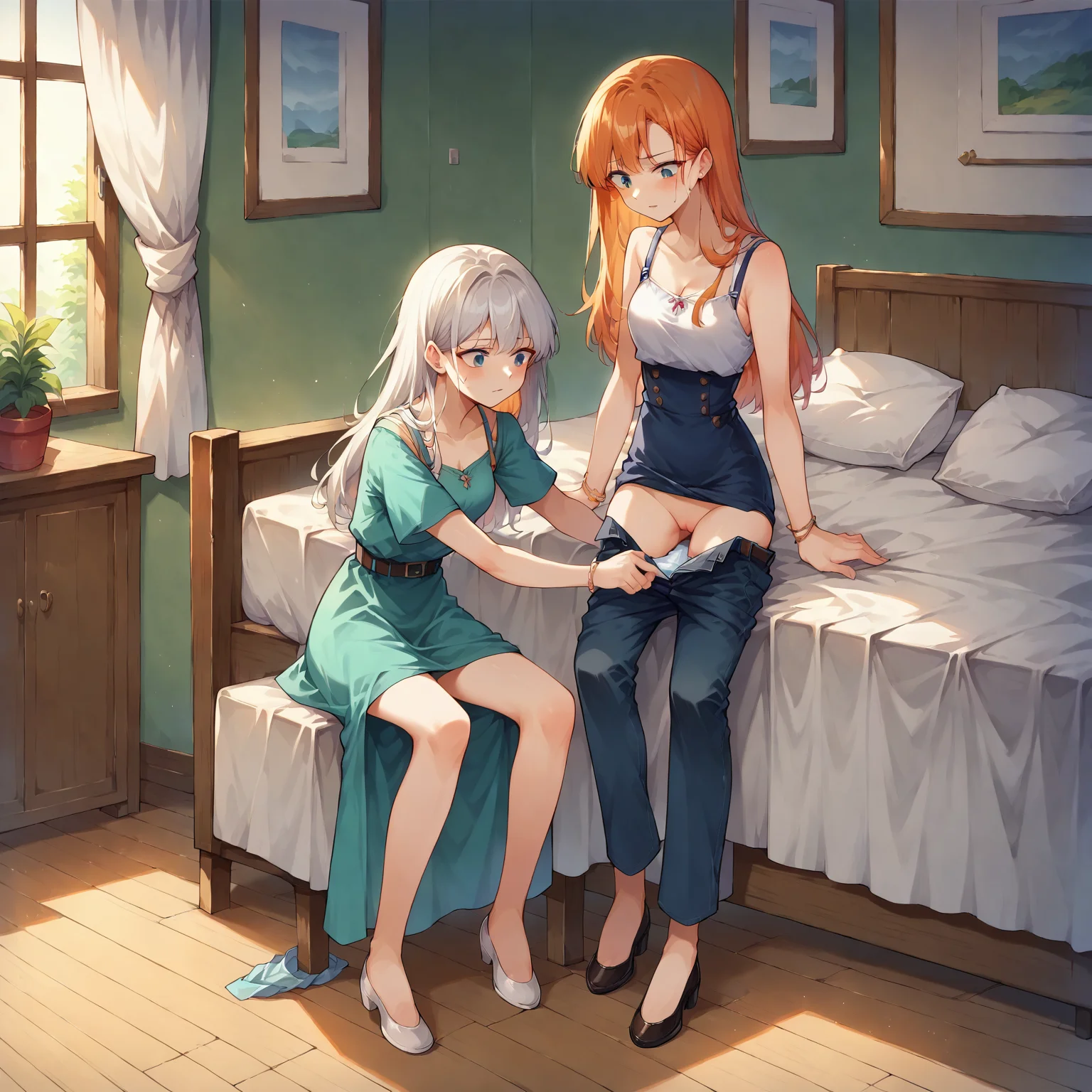 score_9, score_8_up, source_anime, highly detailed, 2girls, dress, sitting, long hair, blouse, pants pull, pussy, orange hair, white hair, indoors, otk stripping, <lora:otk_stripping_PDXL_768_dim32-a1-adamW-000006:0.7>