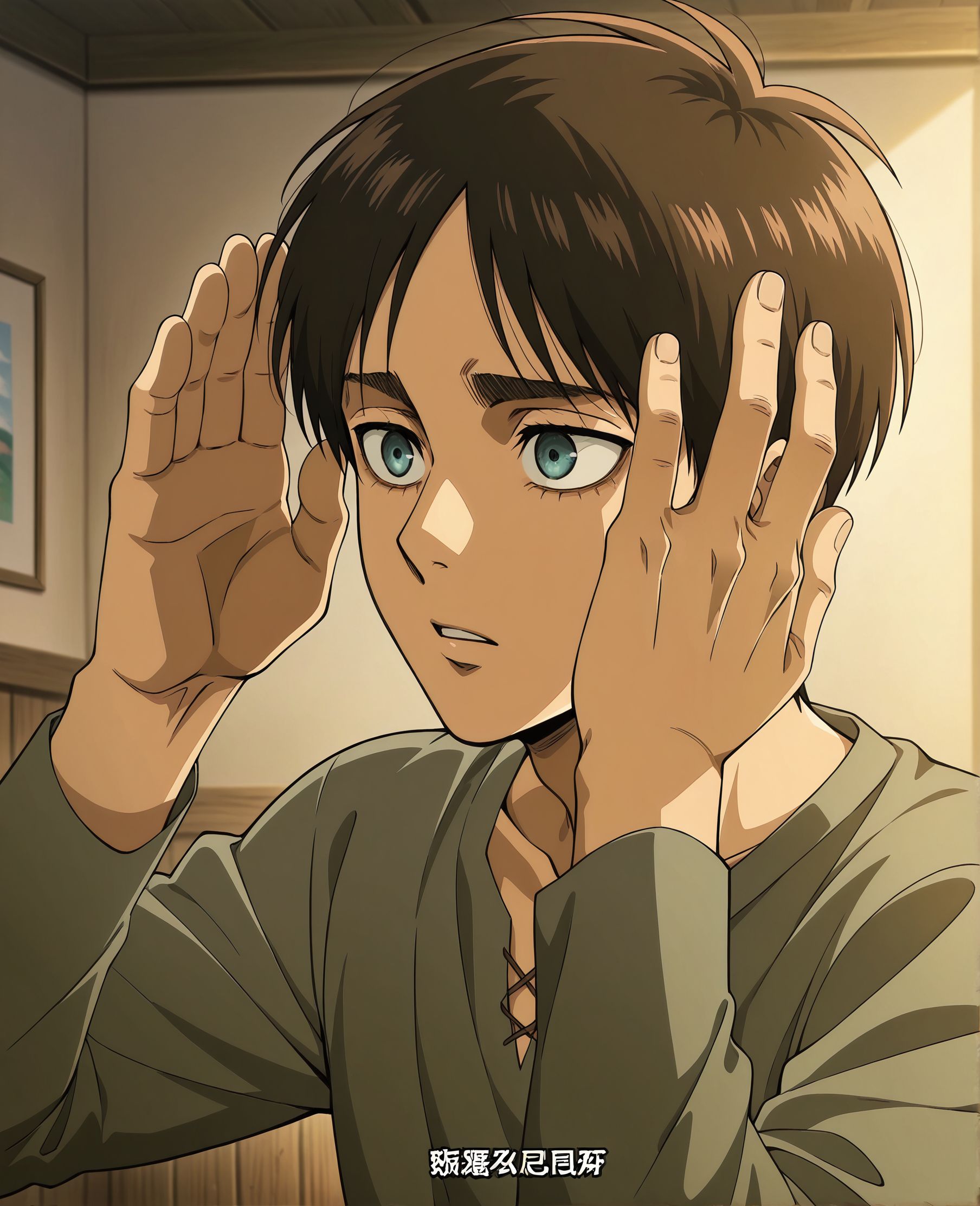 masterpiece, best quality, newest, absurdres, highres, detailed eyes, beautiful, detailed background, perfect eyes, anime coloring, anime screencap,
shingeki no kyojin, official art, 
Eren Yeager,
<lora:My_dad_got_the_MVP:1>My dad got the MVP,
Raising both hands with palms open near the head,
1boy,male focus,
solo,raising both hands with palms open near the head