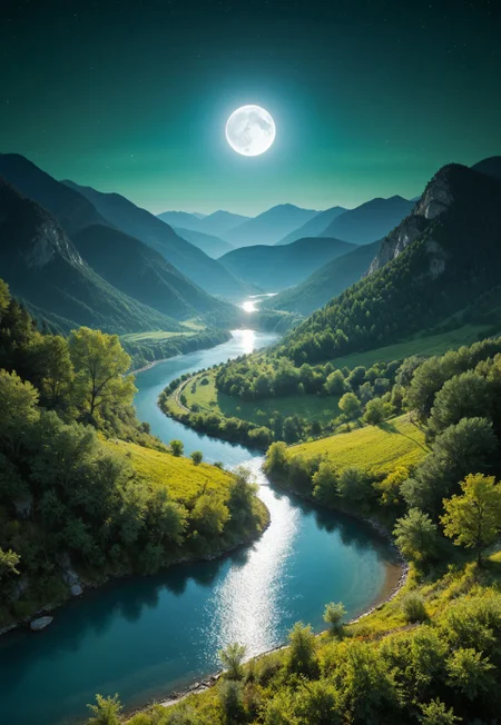 a ultra detailed night time scenery of green mountain valley, night, moon light, shadows, ultra detailed big trees bathed in moon light, ultra detailed river, clear water reflecting the moon light, ultra detailed hills, Natural scenery, Fresh and clean<lora:xl_more_art-full_v1:0.3><lora:oil_SDXL_v1.0:0.8>