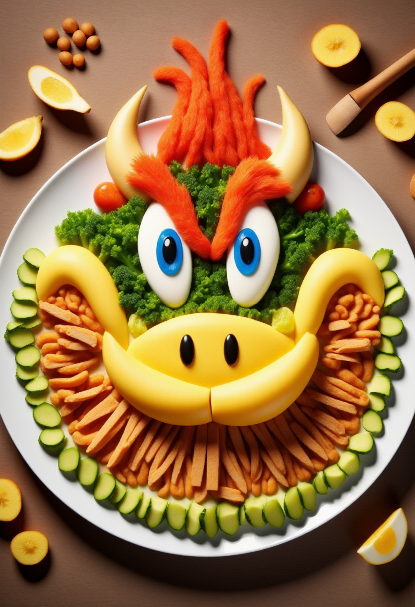 <lora:Food_Formations_FLUX-000016:1>
 The image is a vibrant, high-resolution photograph showcasing a meticulously arranged plate of food art, styled to resemble the face of Bowser from Super Mario.