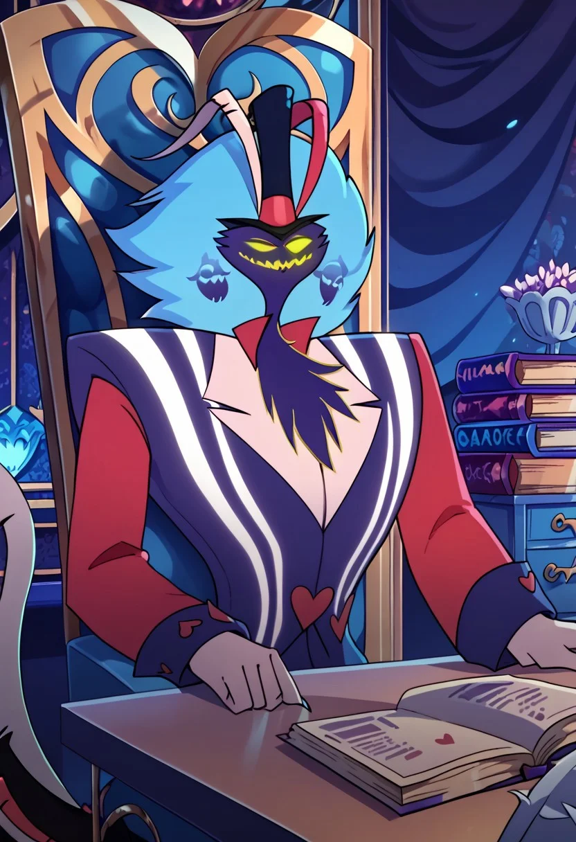 score_9_up, score_8_up, score_7_up, high quality, detailed, male, solo male, 1boy, Asmodeus, 1boy, mature male, anthro, demon, purple body, yellow eyes, glowing eyes, broad shoulders, light blue hair, muscular male, wide hips, blue suit, red sleeves, office, sitting at desk, smiling, looking at viewer, top hat, closed mouth, helluva boss