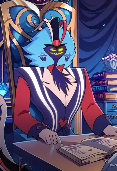 score_9_up, score_8_up, score_7_up, high quality, detailed, male, solo male, 1boy, Asmodeus, 1boy, mature male, anthro, demon, purple body, yellow eyes, glowing eyes, broad shoulders, light blue hair, muscular male, wide hips, blue suit, red sleeves, office, sitting at desk, smiling, looking at viewer, top hat, closed mouth, helluva boss