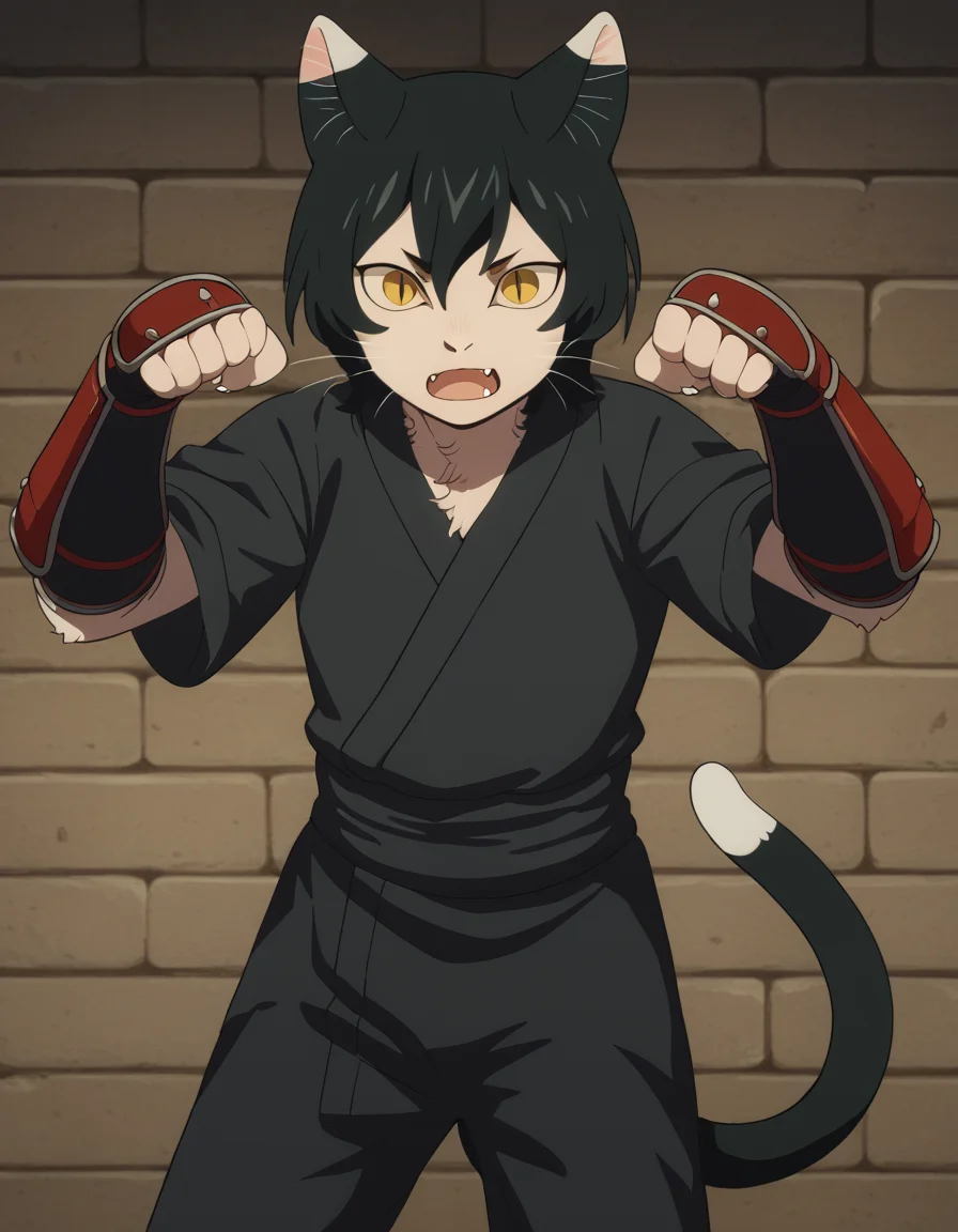 score_9, score_8_up, score_7_up, source_anime, <lora:izutsumi-s1-ponyxl-lora-nochekaiser:1>, izutsumi, black hair, animal ears, tail, yellow eyes, cat ears, cat tail, cat girl, slit pupils,, japanese clothes, gauntlets, ninja, black shirt, black pants,, prison, bars, cells, guards, confined, , <lora:paw-pose-ponyxl-lora-nochekaiser:1>, paw pose, cat ears, cat tail, animal ears, tail, cat girl, open mouth, fang, whiskers,, looking at viewer, solo,, dutch angle, cowboy shot