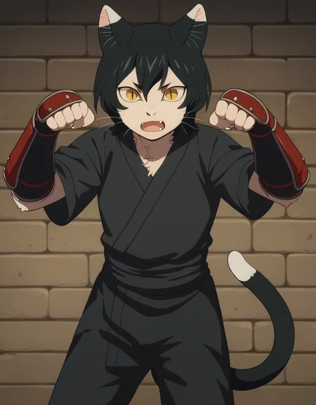 score_9, score_8_up, score_7_up, source_anime, <lora:izutsumi-s1-ponyxl-lora-nochekaiser:1>, izutsumi, black hair, animal ears, tail, yellow eyes, cat ears, cat tail, cat girl, slit pupils,, japanese clothes, gauntlets, ninja, black shirt, black pants,, prison, bars, cells, guards, confined, , <lora:paw-pose-ponyxl-lora-nochekaiser:1>, paw pose, cat ears, cat tail, animal ears, tail, cat girl, open mouth, fang, whiskers,, looking at viewer, solo,, dutch angle, cowboy shot