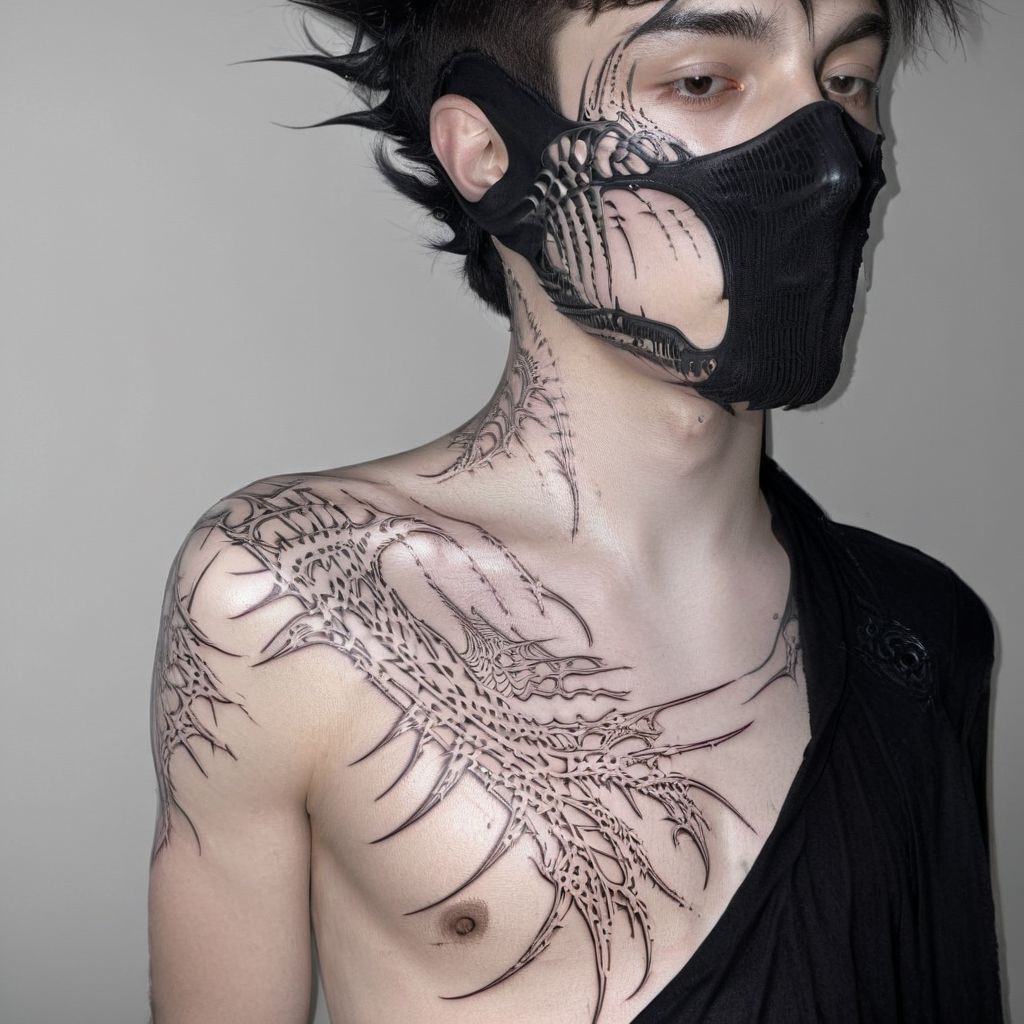 teen boy, young boy, 1boy, child age, messy hair, black hair, white skin, detailed face, detailed skin, black mask on the lower part of the face, in the style of dune, Arrakis, criminal, marauders,
masterpiece, cybersigilism, (neotribal, metallic, bio, giger, tribal tattoo style, tattoo on the body, tattooed, tattoos, cyberpunk:1.3)