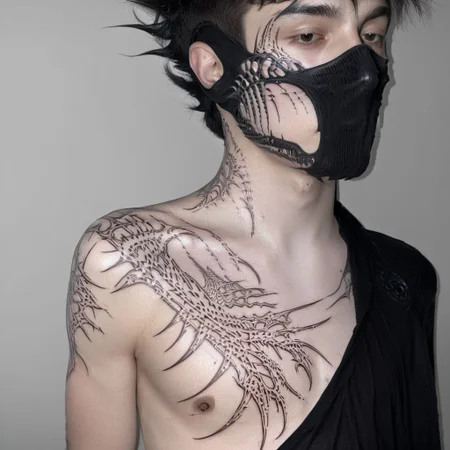 teen boy, young boy, 1boy, child age, messy hair, black hair, white skin, detailed face, detailed skin, black mask on the lower part of the face, in the style of dune, Arrakis, criminal, marauders,
masterpiece, cybersigilism, (neotribal, metallic, bio, giger, tribal tattoo style, tattoo on the body, tattooed, tattoos, cyberpunk:1.3)