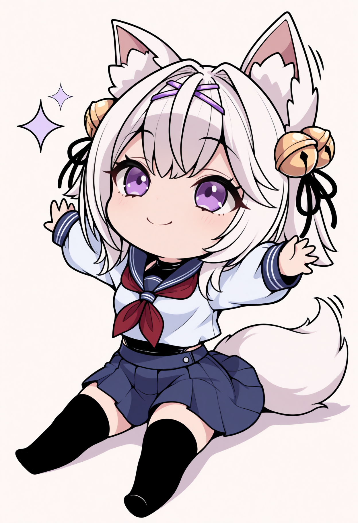 masterpiece, best quality, 1girl, solo, F1l1an2nd, purple eyes, white hair, short hair, hairclip, hair bell, animal ears, fox tail, serafuku, long sleeves, red neckerchief, swimsuit under clothes, black swimsuit, blue skirt, black thighhighs, lineart, sitting, on floor, smile, sparkles, spread arms, chibi, meme, thick lines, simple background, white background, <lora:ChamFilianNoob:1>