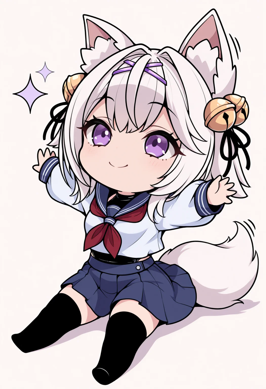 masterpiece, best quality, 1girl, solo, F1l1an2nd, purple eyes, white hair, short hair, hairclip, hair bell, animal ears, fox tail, serafuku, long sleeves, red neckerchief, swimsuit under clothes, black swimsuit, blue skirt, black thighhighs, lineart, sitting, on floor, smile, sparkles, spread arms, chibi, meme, thick lines, simple background, white background, <lora:ChamFilianNoob:1>