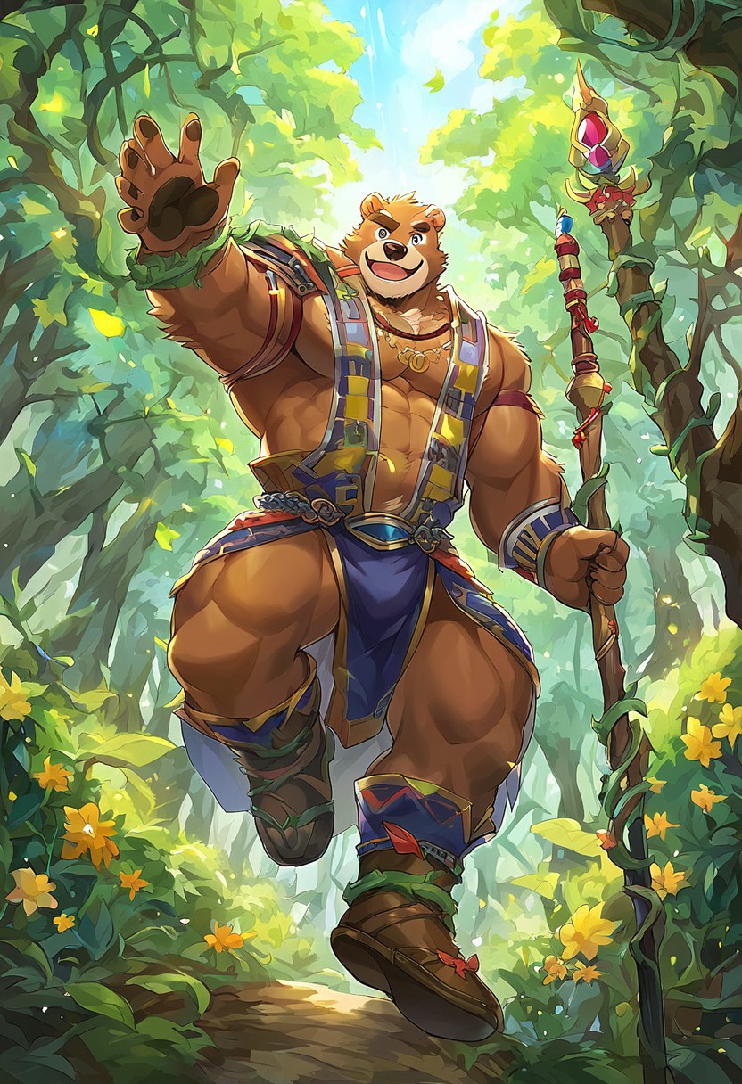 score_9, score_8_up, score_7_up, 1boy, bara, muscular, male focus, furry, anthro, bear, druid's clothes, fantasy, staff, full body, pose, reaching out, forest, outside, day, looking at viewer, smile, nature magic particles, little squirrels aside, vines and flowers surrounding, low-angle shot, masterpiece, best quality, amazing quality, FurryHeroes
