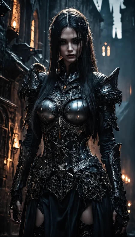 Gothic art, dark tones, intricate details, dramatic lighting, high contrast, medieval influence, ornate, mysterious, detailed armor, cyberpunk elements, cityscape, atmospheric, moody, haunting beauty, sharp shadows, textured