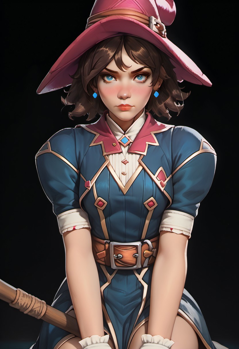 <lora:OZRN:0.9>, score_9, score_8_up, score_7_up, OZRN, digital art, 1girl, solo, small tits, witchkiri, brown hair, blue eyes, pink and blue clothes, large witch's hat, sitting on broom, flying broom, [nose blush:0.8], pale skin, looking at viewer, dark background, (neon lights), (soft glow),<lora:ff:0.2>, gothic anime style,<lora:GothicAnimev1:0.4>
