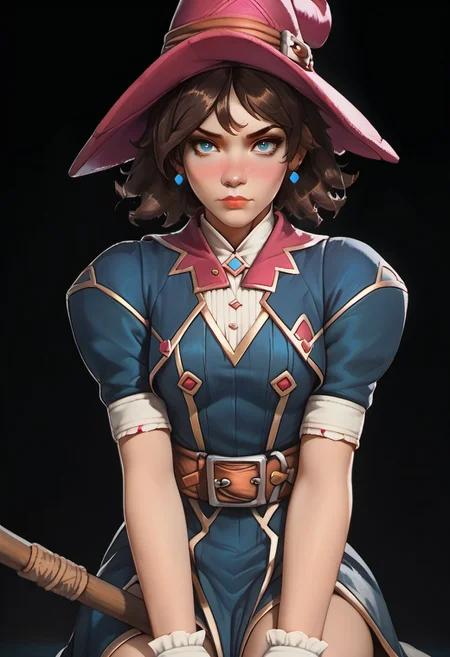<lora:OZRN:0.9>, score_9, score_8_up, score_7_up, OZRN, digital art, 1girl, solo, small tits, witchkiri, brown hair, blue eyes, pink and blue clothes, large witch's hat, sitting on broom, flying broom, [nose blush:0.8], pale skin, looking at viewer, dark background, (neon lights), (soft glow),<lora:ff:0.2>, gothic anime style,<lora:GothicAnimev1:0.4>