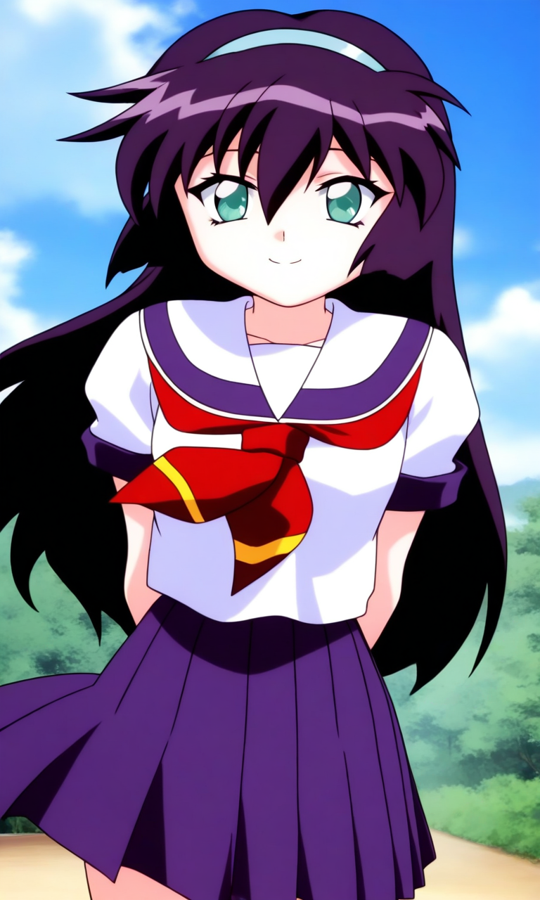 general,highres, ultra-detailed,very aesthetic,best quality ,best hands, BREAK  <lora:Amano_Misao_Pretty_Sammy_IS:1>
Amano_Misao, 1girl, solo, purple hair, long hair, bangs,  light blue hairband, green eyes,  hair between eyes, 
school uniform, purple skirt, short sleeves, pleated skirt, 
sailor collar, red neckerchief,
smile, arms behind back, looking at viewer, 
sky, outdoor, day,