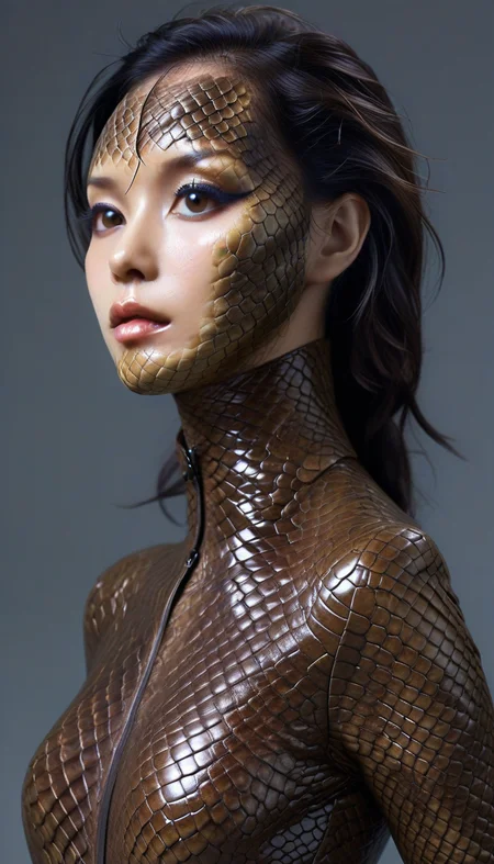 	chinese woman, latex blazer, leather short
'[human snake] hybrid' made of human skin