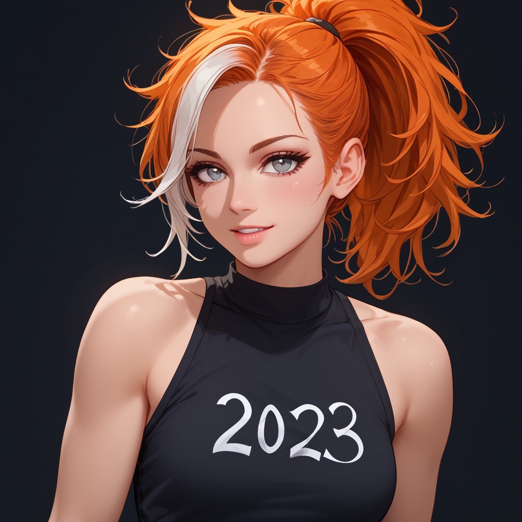 score_9, score_8_up, score_7_up, Expressiveh, (dragon ball style:0.4), medium length messy hair, ponytail, orange hair, ginger, white highlights, silver eyes, perfect face, 18 year old girl, BL_Ging, slender body, pale female, pale skin, medium perky perfectly round breasts, detailed lips, cute sexy, eye contact, seductive, abstract background, dark cinematography, mood lighting, cinematic lighting, full body, makeup, perfect anatomy, perfect hands, smile, thin, petite, half lid eyes, sexy, (looking back:0.6),
1girl, changing room background, gym clothes, portrait,