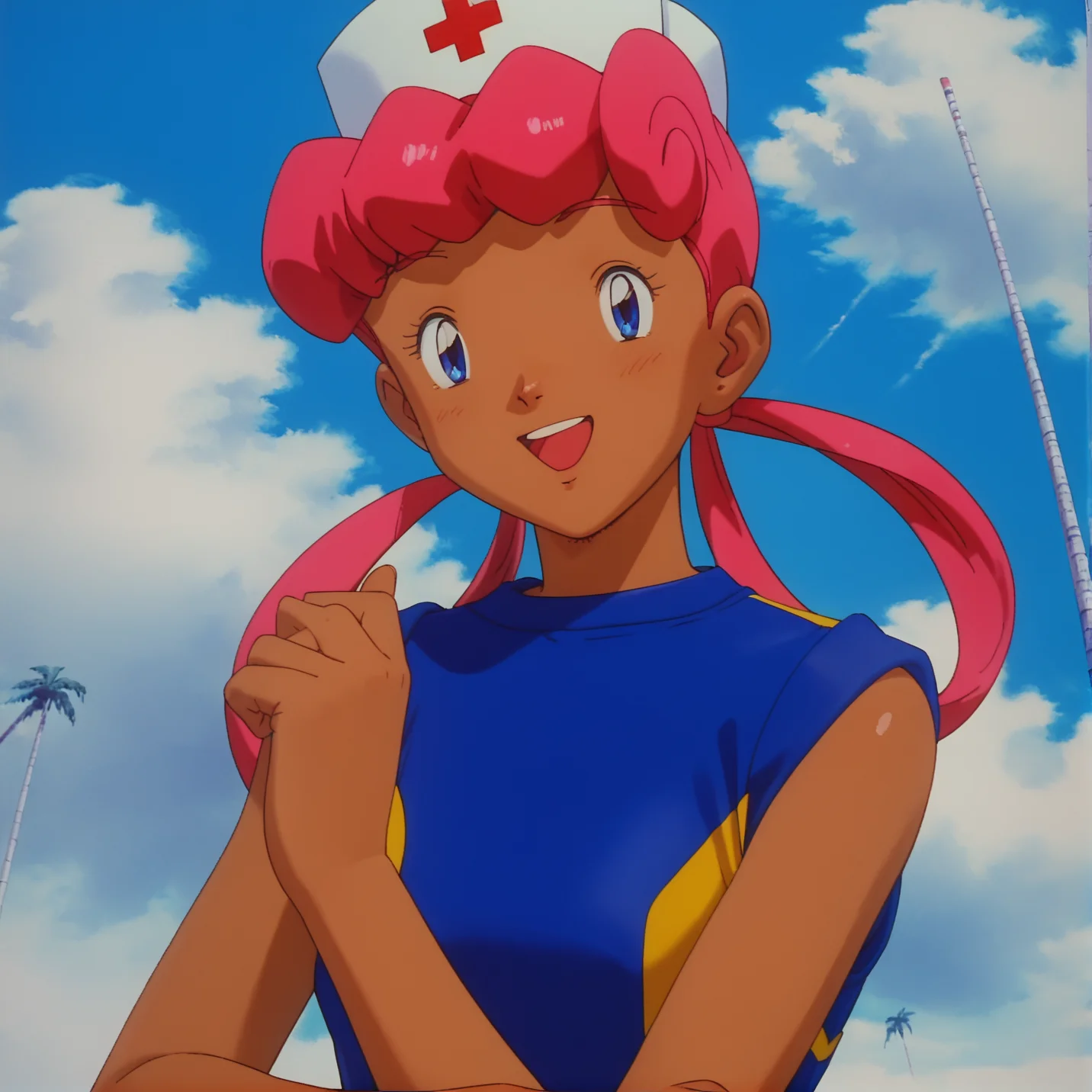 score_9, score_8_up, score_7_up, 1girl, solo, source_anime, pkmnjoy, hair rings, dark skinned female, wetsuit, sleeveless, nurse cap, blue eyes, pink hair, dark-skinned female, <lora:Nurse_Joy_-_Pokemon_anime_Orange_islands:1> smiling, open mouth,