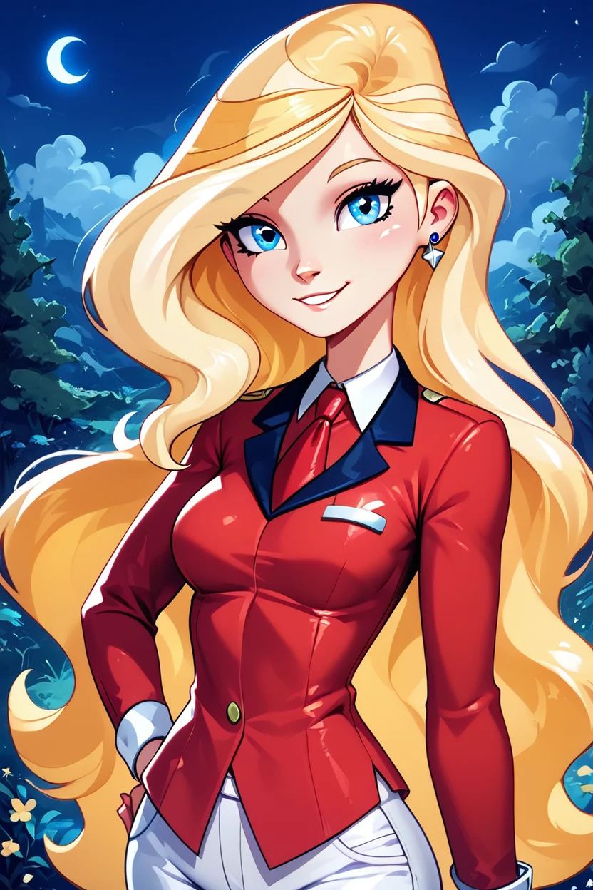 score_9, score_8_up, score_8, medium breasts, (curvy), cute, eyelashes, ,,, , zzSarahWhitney, blue eyes, blonde hair, long hair, red shirt, necktie, white pants, <lora:SarahWhitneyHorseland_PDXL:1.0>, , BREAK, ,,, upper body, smile, looking at viewer, ,,, shiny skin, <lora:ProAnime_PDXL_v1:0.8>, night, soft shadows, moonlight reflecting off skin, whisper of wind, ,,, embedding:zPDXL, Expressiveh, <lora:SDXLFaeTastic2400:0.5>, <lora:Expressive_H-000001:0.4>,
