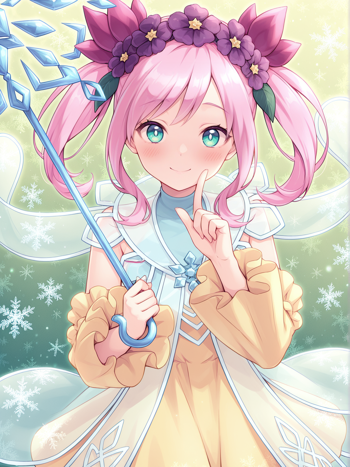1girl, rikka queen strenna, solo, smile, looking at viewer, snowflakes, green background, blush, index finger raised, holding crystal umbrella, closed mouth, crystal umbrella, purple hair flower, see-through cape, yellow detached sleeves, yellow strapless dress,
masterpiece,best quality,amazing quality,very aesthetic,absurdres,newest,<lora:Rikka Queen Strenna illusXL v1.1:0.7>,