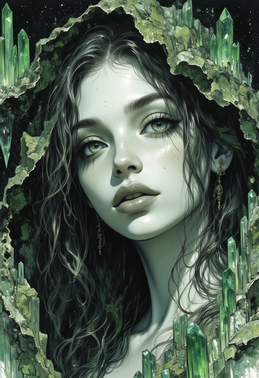 Midjourney_Whisper, A hyper-realistic portrait of a stunning supermodel, featuring a beautifully detailed face with captivating eyes and a serene expression.
 score_9, score_8_up, score_7_up,black and white drawing of a girl , detail in the pallete, realism in the art , representing real world, green crystals in bacground