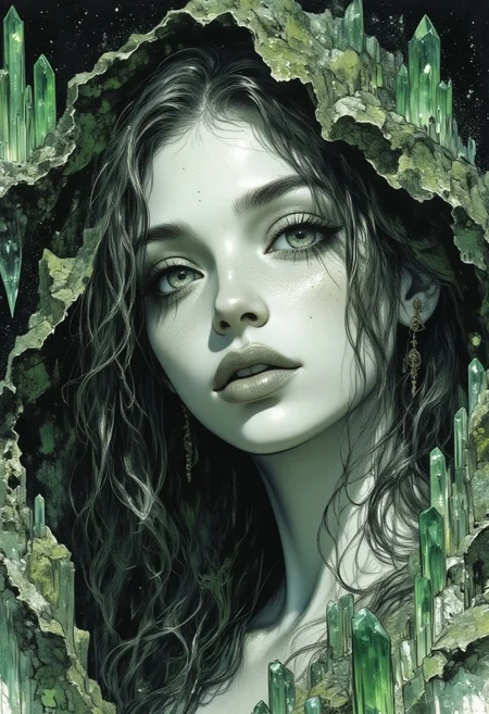 Midjourney_Whisper, A hyper-realistic portrait of a stunning supermodel, featuring a beautifully detailed face with captivating eyes and a serene expression.
score_9, score_8_up, score_7_up,black and white drawing of a girl , detail in the pallete, realism in the art , representing real world, green crystals in bacground