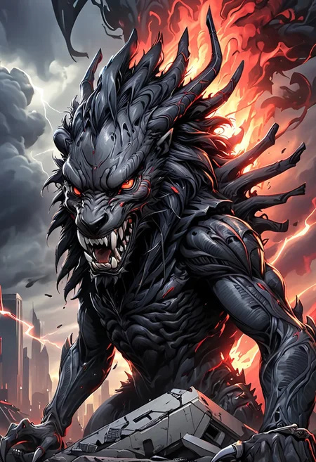 A Giant black lion Fenrir, protruding from gigantic city, fire emanates from its mouth, webbed wings, steel claws, horns, red eyes, angry, anger,1lion, feral, (((lion king head))), (((solo))), demonic, necromancy, xenomorphic skin, xenomorphic toes, focus, red eyes, demonic  angry, anger, realistic illustration, 4K, detail, apocalyptic, lightning, darkened sky. Background shapes mimic the blurred motion of the surroundings, creating a sense of urgency and excitement. The overall atmosphere is energetic and vibrant, capturing the essence of competition and speed in a modern, artistic style. Hyper-detailed digital art, contemporary and dynamic, vibrant colors, highly detailed, 8K resolution.
style of greg rutkowski, janek sedlar, jenny saville:0]  <lora:vivid_everclear:0.35>  <lora:Sinozick:0.35>  <lora:MJ52:0.35>