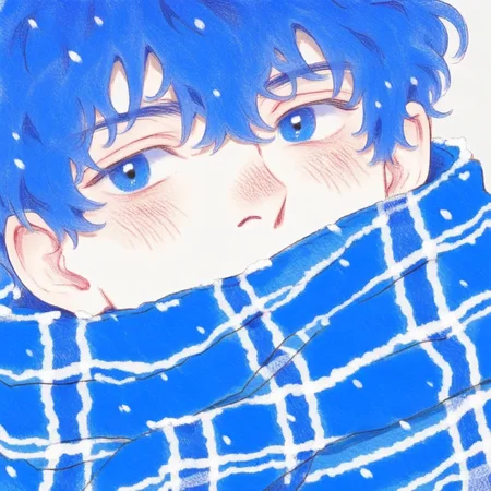 hu99y, 1boy, solo, close-up portrait, anime, bangs, blue hair, off-white background, puffer jacket, blue plaid scarf, blush