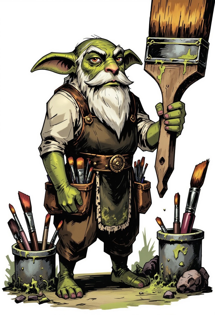 inked comic illustration in TTCSV1.0 artstyle that featuresa a green skined gremlin with long white beard, gremlin hold a big brush that is bigger then him, the brush is stained with paint, the gremlin is dressed in renaissance clothing resembling leonardo Da Vinci and an apron, also wears multiple pouches with smaller brushes and sculpting tools sticking out of them