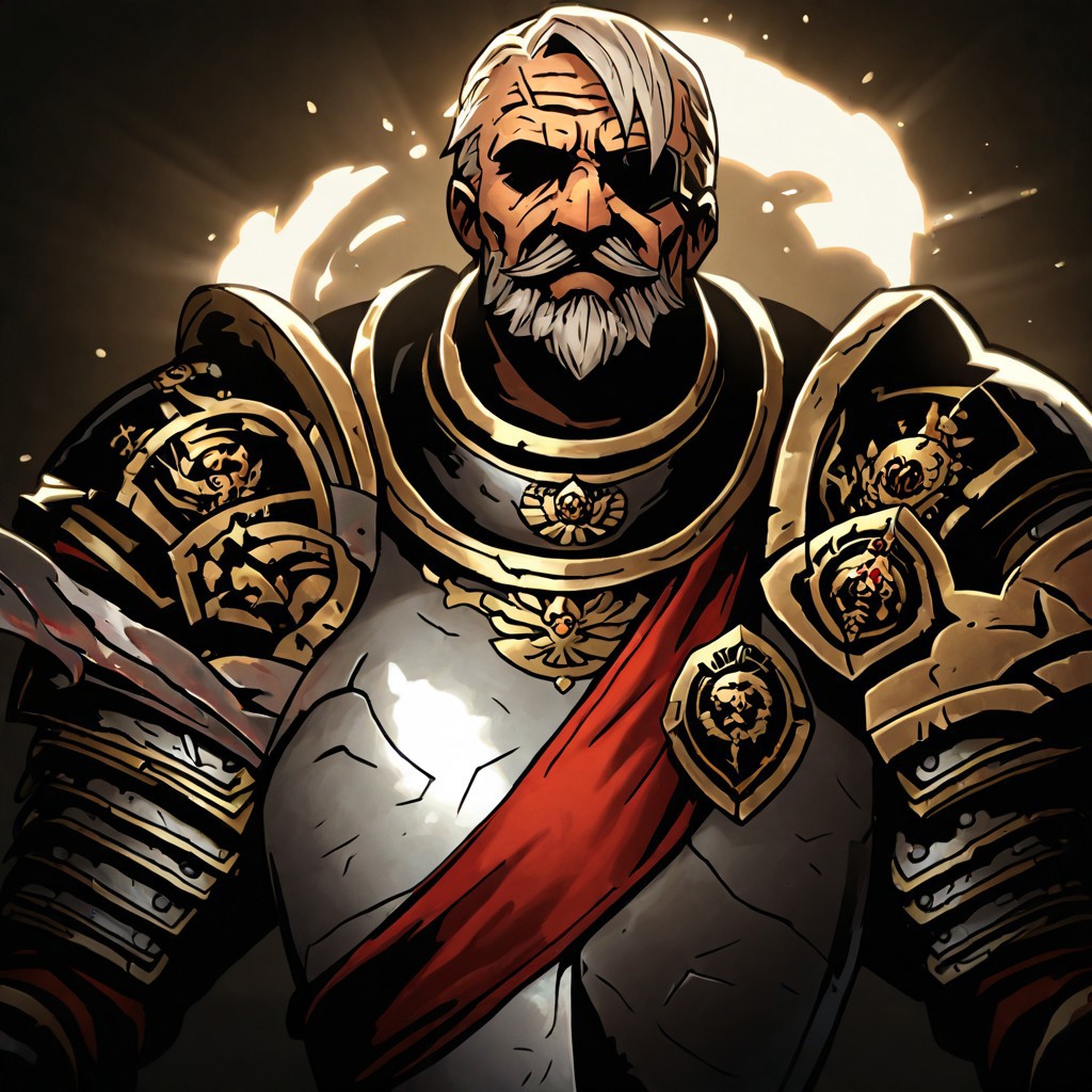 masterpiece, best quality, newest, absurdres, highres, DDstyle, official style, black eyes, shaded eyes, 1boy, MAA-V1.1, old man, armor, eyepatch, white hair, mustache, facial hair,